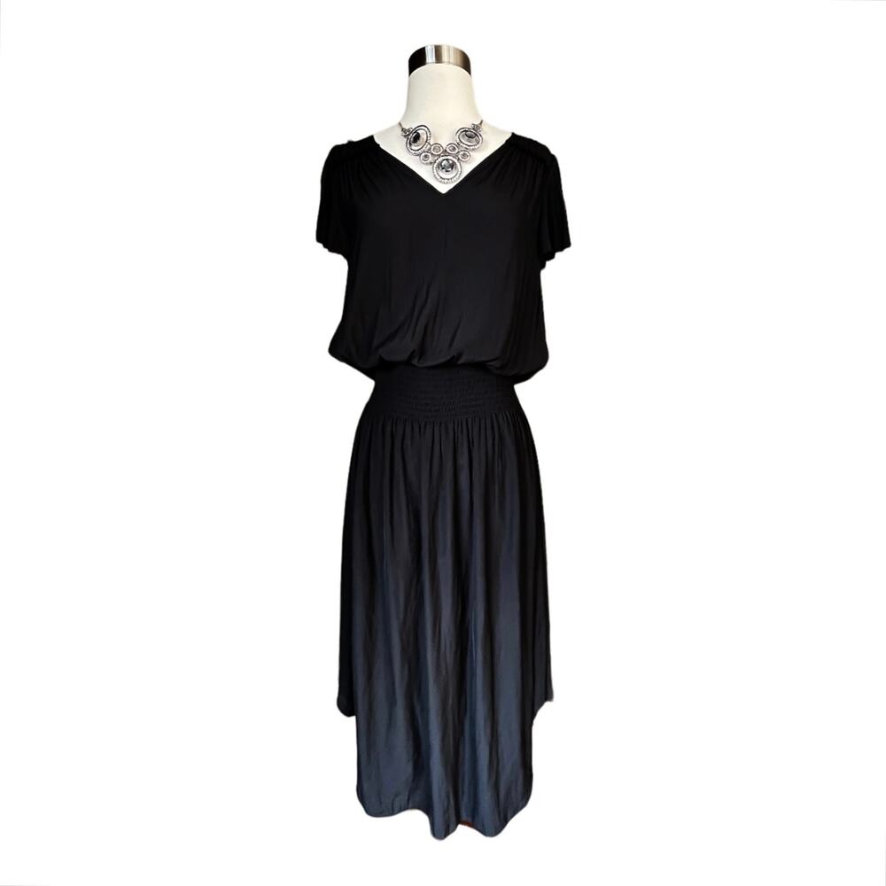 RAMY BROOK Yassi Dress Short Sleeves V-Neck Crepe Elastic Waist Black Small NWT